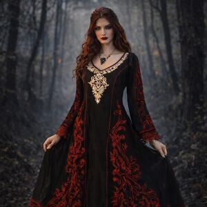 Vintage Handmade Silk Velvet Embroidered Gothic Dress Lace Hem Dark Romance